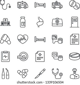 Thin Line Icon Set - bed vector, medical room, heart pulse, doctor case, diagnosis, stethoscope, blood pressure, pills, ampoule, scalpel, tomography, ambulance car, hospital, stomach, clipboard