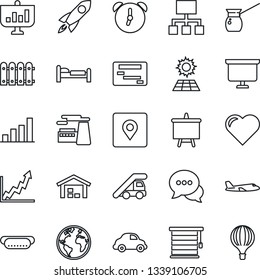 Thin Line Icon Set - Bed Vector, Ladder Car, Plane, Presentation Board, Factory, Heart, Earth, Delivery, Dialog, Alarm, Place Tag, Bar Graph, Sun Panel, Warehouse, Fence, Hot Dog, Turkish Coffee