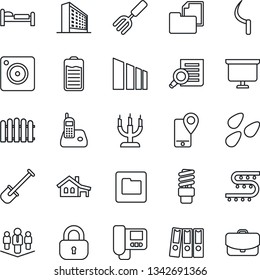 Thin Line Icon Set - bed vector, office building, document search, presentation board, garden fork, shovel, fence, sickle, seeds, drip irrigation, mobile tracking, folder, sorting, radio phone, lock