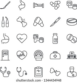 Thin Line Icon Set - bed vector, medical room, heart pulse, doctor case, stethoscope, blood pressure, pills, ampoule, scalpel, tomography, stomach, broken bone, clipboard, hospital
