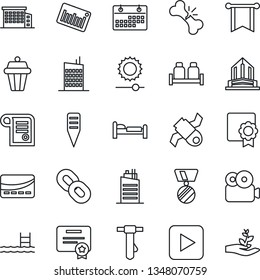 Thin Line Icon Set - bed vector, medal, tie, plant label, broken bone, satellite, barcode, chain, play button, brightness, video, sertificate, calendar, pool, office building, city house, pennon