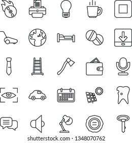 Thin Line Icon Set - bed vector, bulb, stamp, printer, ladder, lawn mower, axe, pills, caries, earth, car delivery, term, flame disk, speaker, microphone, dialog, stop button, download, desk lamp