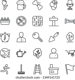 Thin Line Icon Set - bed vector, meeting, trowel, rake, ladder, tree, watering can, wheelbarrow, fireplace, run, real heart, broken bone, signpost, plane, tulip, user, alarm, office chair, fruit