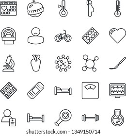 Thin Line Icon Set - bed vector, heart, monitor pulse, molecule, diagnostic, microscope, scales, pills blister, scalpel, patch, tomography, barbell, bike, hospital, real, medical calendar, diet
