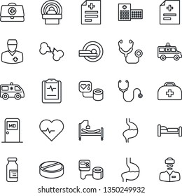Thin Line Icon Set - bed vector, medical room, heart pulse, doctor case, diagnosis, stethoscope, blood pressure, pills, ampoule, tomography, ambulance car, hospital, stomach, broken bone, clipboard