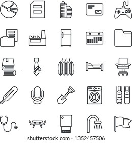 Thin Line Icon Set - bed vector, document, shovel, picnic table, stethoscope, thermometer, gamepad, microphone, mail, folder, calendar, pie graph, office chair, tie, book, building, bathroom, washer