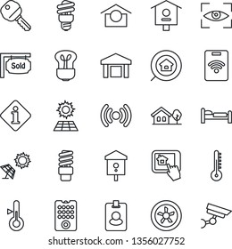 Thin Line Icon Set - bed vector, bird house, warehouse storage, with tree, sun panel, sold signboard, estate search, key, fan, remote control, wireless, home app, thermometer, bulb, energy saving