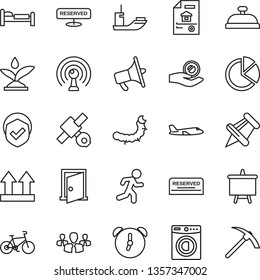Thin Line Icon Set - bed vector, plane, presentation board, caterpillar, bike, run, satellite, sea shipping, up side sign, shield, antenna, loudspeaker, paper pin, alarm, pie graph, estate document