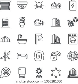 Thin Line Icon Set - bed vector, office building, greenhouse, house with garage, tree, sun panel, estate search, bathroom, city, wireless lock, washer, energy saving bulb, outdoor lamp, jalousie