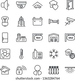 Thin Line Icon Set - bed vector, radio phone, office building, garage, sale, rent, estate agent, sweet home, fridge, insurance, eco house, fan, wireless lock, snowflake, thermometer, radiator, bulb