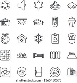 Thin Line Icon Set - bed vector, house with garage, tree, warehouse, estate search, smart home, insurance, chip, fan, remote control, snowflake, water, radiator, warm floor, bulb, outdoor lamp