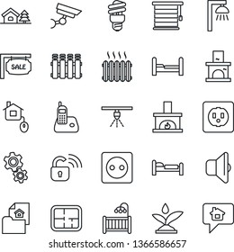 Thin Line Icon Set - bed vector, fireplace, radio phone, house with tree, plan, estate document, sale, bedroom, children room, heater, home control, socket, wireless lock, irrigation, gear, radiator