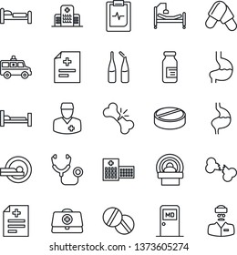 Thin Line Icon Set - bed vector, medical room, doctor case, diagnosis, stethoscope, pills, ampoule, tomography, ambulance car, hospital, stomach, broken bone, pulse clipboard