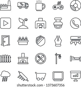 Thin Line Icon Set - bed vector, storm cloud, meeting, circle chart, fence, sproute, garden light, shield, gamepad, tv, play button, coffee, ink pen, stamp, moving, fireplace, phone, factory, cafe
