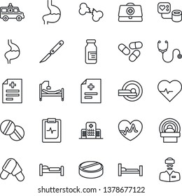 Thin Line Icon Set - bed vector, heart pulse, doctor case, diagnosis, stethoscope, blood pressure, pills, ampoule, scalpel, tomography, ambulance car, hospital, stomach, broken bone, clipboard