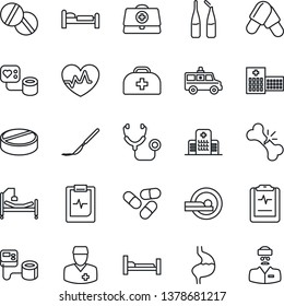 Thin Line Icon Set - bed vector, heart pulse, doctor case, stethoscope, blood pressure, pills, ampoule, scalpel, tomography, ambulance car, hospital, stomach, broken bone, clipboard