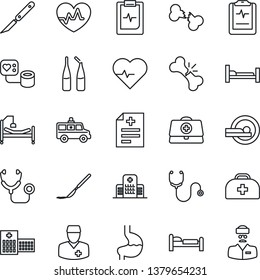 Thin Line Icon Set - Bed Vector, Heart Pulse, Doctor Case, Diagnosis, Stethoscope, Blood Pressure, Ampoule, Scalpel, Tomography, Ambulance Car, Hospital, Stomach, Broken Bone, Clipboard