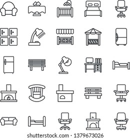 Thin Line Icon Set - bed vector, checkroom, desk, bench, fireplace, office chair, lamp, bedroom, children room, cushioned furniture, restaurant table, alcove, fridge