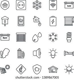 Thin Line Icon Set - bed vector, bird house, sun panel, warehouse, rent, sold signboard, office building, estate insurance, home control, socket, snowflake, app, water, smoke detector, bulb, sound