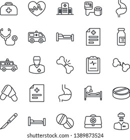 Thin Line Icon Set - bed vector, heart pulse, doctor case, diagnosis, stethoscope, blood pressure, pills, ampoule, scalpel, ambulance car, hospital, stomach, broken bone, clipboard