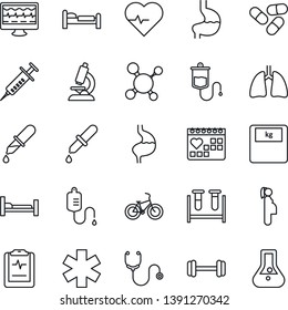 Thin Line Icon Set - bed vector, heart pulse, monitor, molecule, stethoscope, syringe, blood test vial, dropper, microscope, scales, pills, ambulance star, barbell, bike, hospital, stomach, lungs