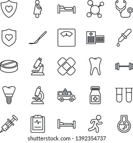 Thin Line Icon Set - bed vector, molecule, stethoscope, syringe, blood test vial, dropper, microscope, scales, pills, bottle, scalpel, patch, ambulance car, barbell, run, heart shield, hospital