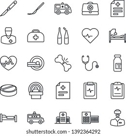 Thin Line Icon Set - bed vector, heart pulse, doctor case, diagnosis, stethoscope, pills, ampoule, scalpel, tomography, ambulance car, hospital, broken bone, clipboard