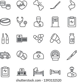 Thin Line Icon Set - bed vector, medical room, heart pulse, doctor case, stethoscope, blood pressure, pills, ampoule, scalpel, tomography, ambulance car, hospital, stomach, broken bone, clipboard