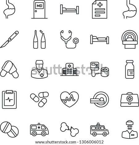 Thin Line Icon Set - bed vector, medical room, heart pulse, doctor case, diagnosis, stethoscope, blood pressure, pills, ampoule, scalpel, tomography, ambulance car, hospital, stomach, broken bone