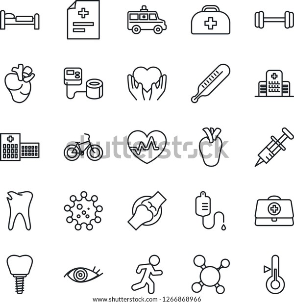 Thin Line Icon Set - bed vector, heart pulse, doctor\
case, diagnosis, molecule, syringe, blood pressure, dropper,\
thermometer, ambulance car, barbell, bike, run, hand, real, caries,\
implant, eye