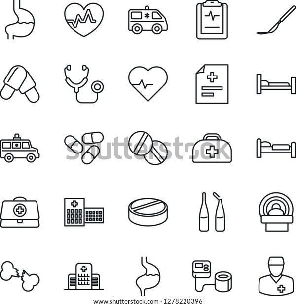 Thin Line Icon Set - bed vector, heart pulse,
doctor case, diagnosis, stethoscope, blood pressure, pills,
ampoule, scalpel, tomography, ambulance car, hospital, stomach,
broken bone, clipboard