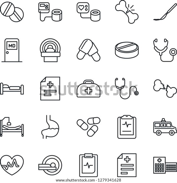 Thin Line Icon Set - bed vector, medical room,
heart pulse, doctor case, diagnosis, stethoscope, blood pressure,
pills, scalpel, tomography, ambulance car, hospital, stomach,
broken bone, clipboard