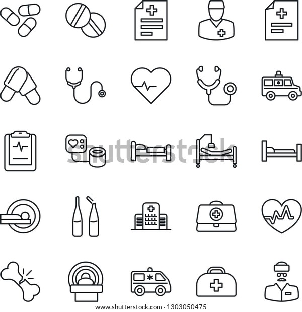 Thin Line Icon Set\
- bed vector, heart pulse, doctor case, diagnosis, stethoscope,\
blood pressure, pills, ampoule, tomography, ambulance car,\
hospital, broken bone,\
clipboard