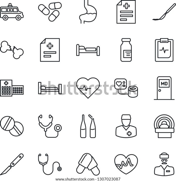 Thin Line Icon Set - bed vector, medical room,\
heart pulse, diagnosis, stethoscope, blood pressure, pills,\
ampoule, scalpel, tomography, ambulance car, hospital, stomach,\
broken bone, clipboard