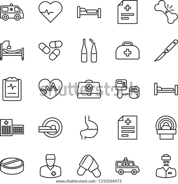 Thin Line Icon\
Set - bed vector, heart pulse, doctor case, diagnosis, blood\
pressure, pills, ampoule, scalpel, tomography, ambulance car,\
hospital, stomach, broken bone,\
clipboard