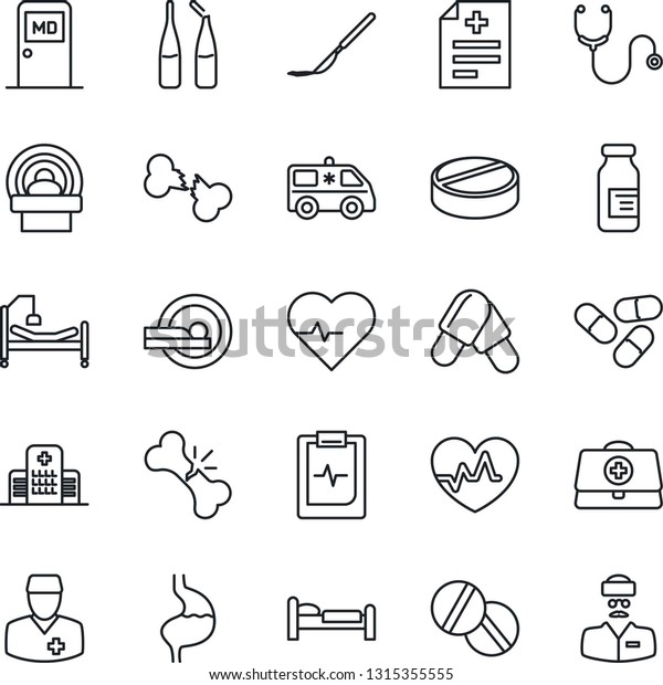 Thin Line Icon Set - bed vector, medical room,
heart pulse, doctor case, diagnosis, stethoscope, pills, ampoule,
scalpel, tomography, ambulance car, hospital, stomach, broken bone,
clipboard