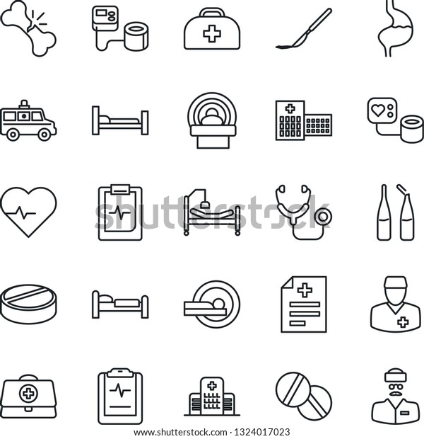Thin Line Icon Set - bed vector, heart pulse,\
doctor case, diagnosis, stethoscope, blood pressure, pills,\
ampoule, scalpel, tomography, ambulance car, hospital, stomach,\
broken bone, clipboard