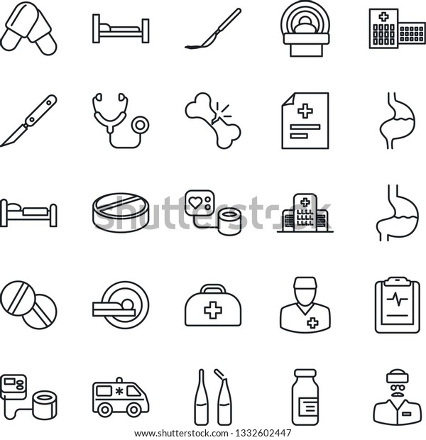 Thin Line\
Icon Set - bed vector, doctor case, diagnosis, stethoscope, blood\
pressure, pills, ampoule, scalpel, tomography, ambulance car,\
hospital, stomach, broken bone, pulse\
clipboard