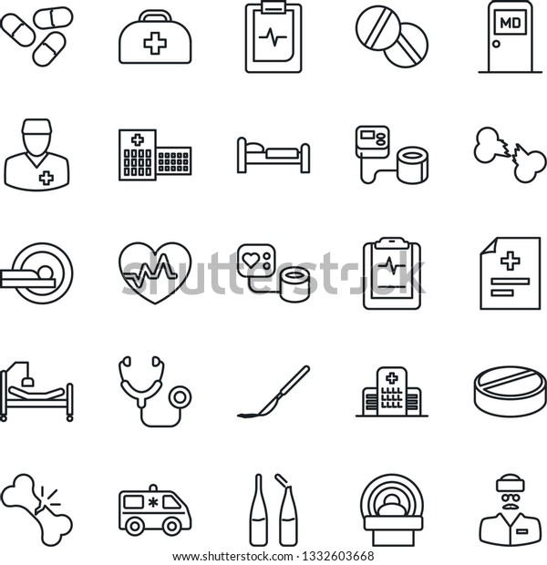Thin Line Icon Set - bed vector, medical room,\
heart pulse, doctor case, diagnosis, stethoscope, blood pressure,\
pills, ampoule, scalpel, tomography, ambulance car, hospital,\
broken bone, clipboard