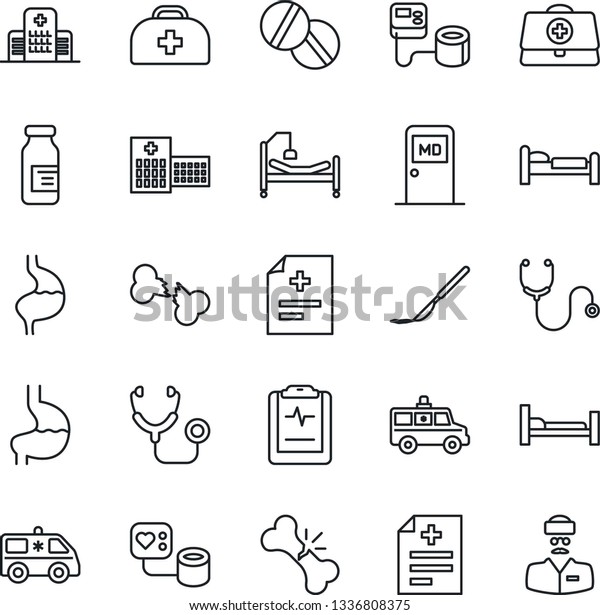 Thin
Line Icon Set - bed vector, medical room, doctor case, diagnosis,
stethoscope, blood pressure, pills, ampoule, scalpel, ambulance
car, hospital, stomach, broken bone, pulse
clipboard
