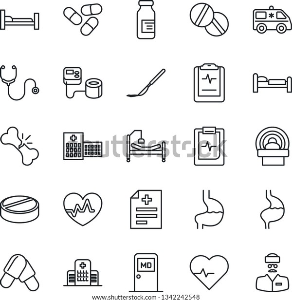 Thin Line Icon Set - bed vector, medical room,
heart pulse, diagnosis, stethoscope, blood pressure, pills,
ampoule, scalpel, tomography, ambulance car, hospital, stomach,
broken bone, clipboard