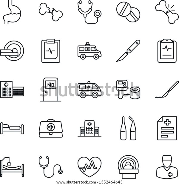 Thin Line Icon Set - bed vector, medical room, heart
pulse, doctor case, diagnosis, stethoscope, blood pressure, pills,
ampoule, scalpel, tomography, ambulance car, hospital, stomach,
broken bone