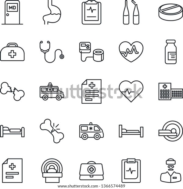 Thin Line Icon Set - bed vector, medical room,\
heart pulse, doctor case, diagnosis, stethoscope, blood pressure,\
pills, ampoule, tomography, ambulance car, hospital, stomach,\
broken bone, clipboard