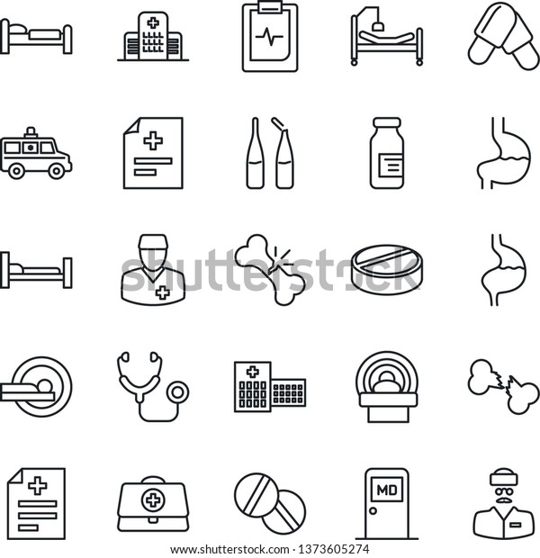 Thin Line Icon Set\
- bed vector, medical room, doctor case, diagnosis, stethoscope,\
pills, ampoule, tomography, ambulance car, hospital, stomach,\
broken bone, pulse\
clipboard