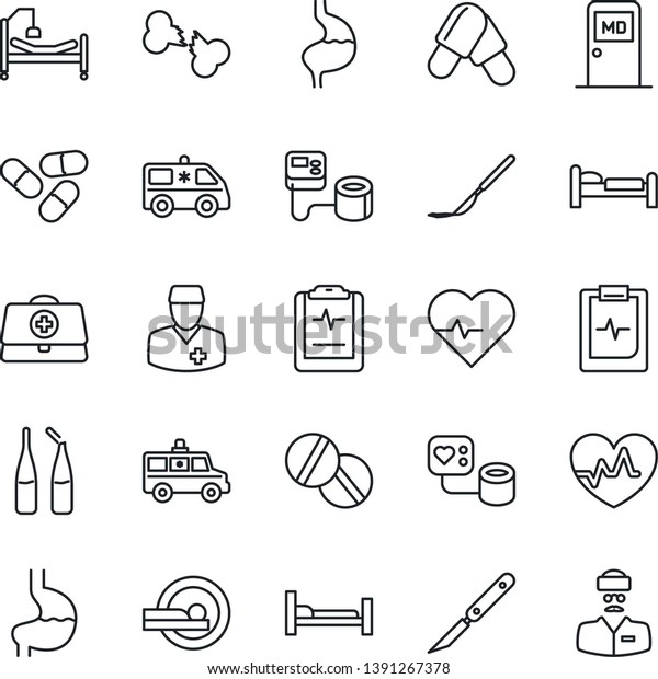 Thin Line Icon\
Set - bed vector, medical room, heart pulse, doctor case, blood\
pressure, pills, ampoule, scalpel, tomography, ambulance car,\
hospital, stomach, broken bone,\
clipboard