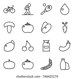 thin line icon set : bike, tourist, tennis, drop, mushroom, tomato, beans, carrot, lemon, cherry, flour, eggplant, pumpkin, peas, shampoo