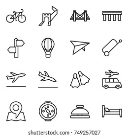 thin line icon set : bike, greate wall, bridge, signpost, air ballon, deltaplane, suitcase, departure, arrival, flippers, transfer, map, compass, service bell, bed