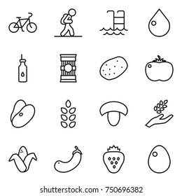 thin line icon set : bike, tourist, pool, drop, vegetable oil, pasta, potato, tomato, beans, spikelets, mushroom, harvest, corn, eggplant, strawberry, egg