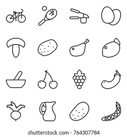 Thin line icon set : bike, tennis, garlic clasp, eggs, mushroom, potato, chicken leg, lemon, mortar, cherry, grape, eggplant, beet, jug, peas