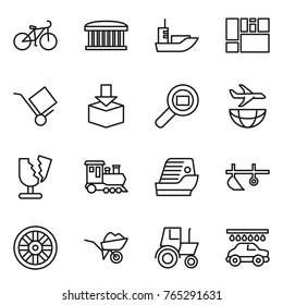 Thin line icon set : bike, airport building, sea shipping, consolidated cargo, trolley, package, search, plane, broken, train, cruise ship, plow, wheel, wheelbarrow, tractor, car wash